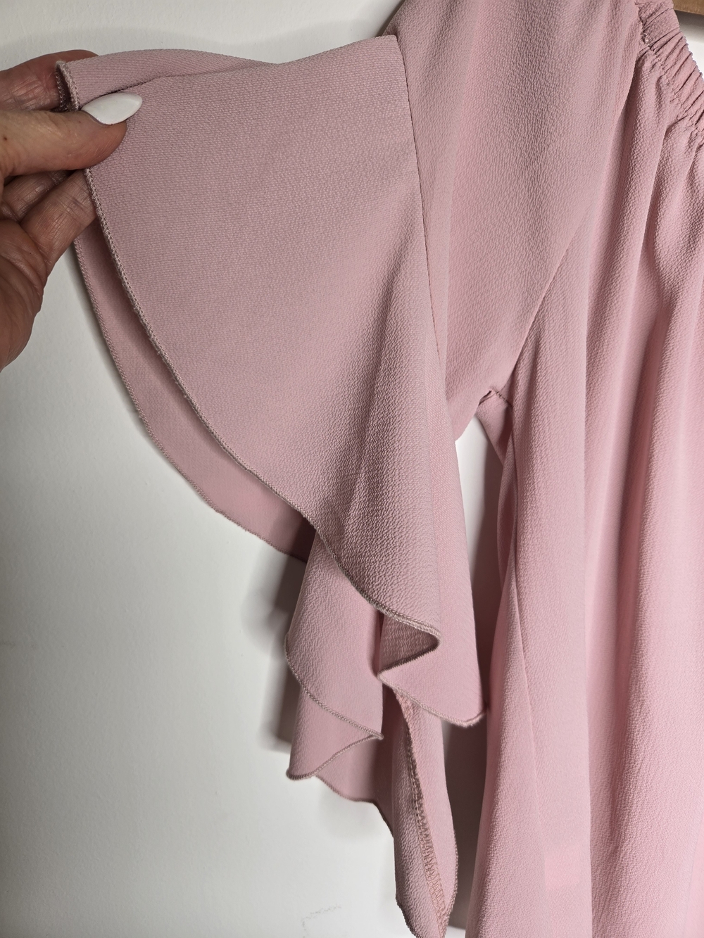 Pink Off The Shoulder Blouse Cascading Ruffle Sleeve Tie Front Dusty Rose - S - Picture 5 of 10